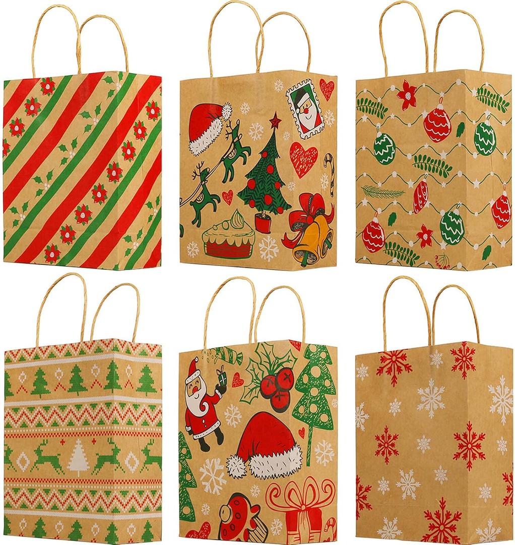 Orgrimmar 24 Pcs Christmas Gift Bags Medium Size Assorted Christmas Prints craft Paper Gift Bags with Handle 7.3x9.0x3.3 Inches for Shopping Parties Wedding Baby Shower