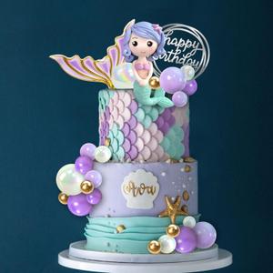 DRWATE Mermaid Cake Toppers Under the Sea Tail Cake Decorations Gold Purple Pearl Balls for Girl Kid Birthday Party Mermaid Theme Party Baby Shower Supplies (Style 2)