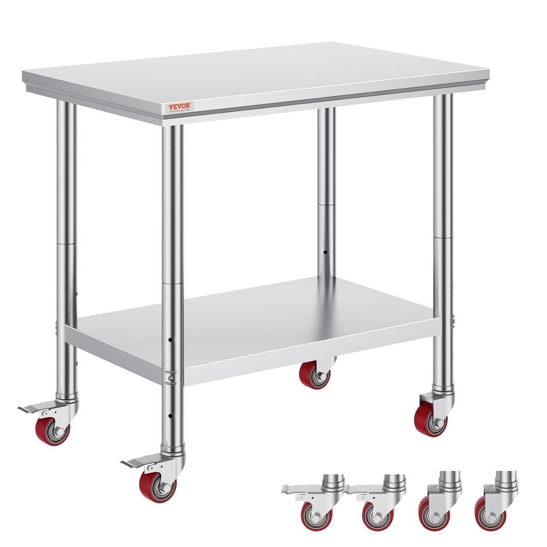 Vevor Mophorn Stainless Steel Work Table 36x24 Inch with 4 Wheels, Casters Heavy Duty Food Prep Worktable for Commercial Kitchen Restaurant, Silver