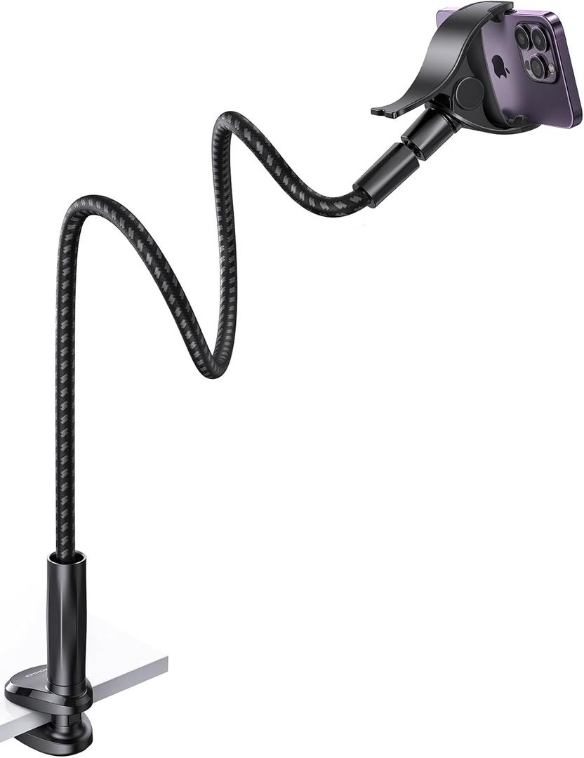 Aomiker Gooseneck Phone Holder for Bed - [2025 Upgrade Nylon Braid] 38 Long Flexible Lazy Arm Clip, 360 Adjustable Overhead Phone Mount for iPhone 15 14 13 12 11 Pro Max Mini Plus, all 4-7" Cellphone (Black)