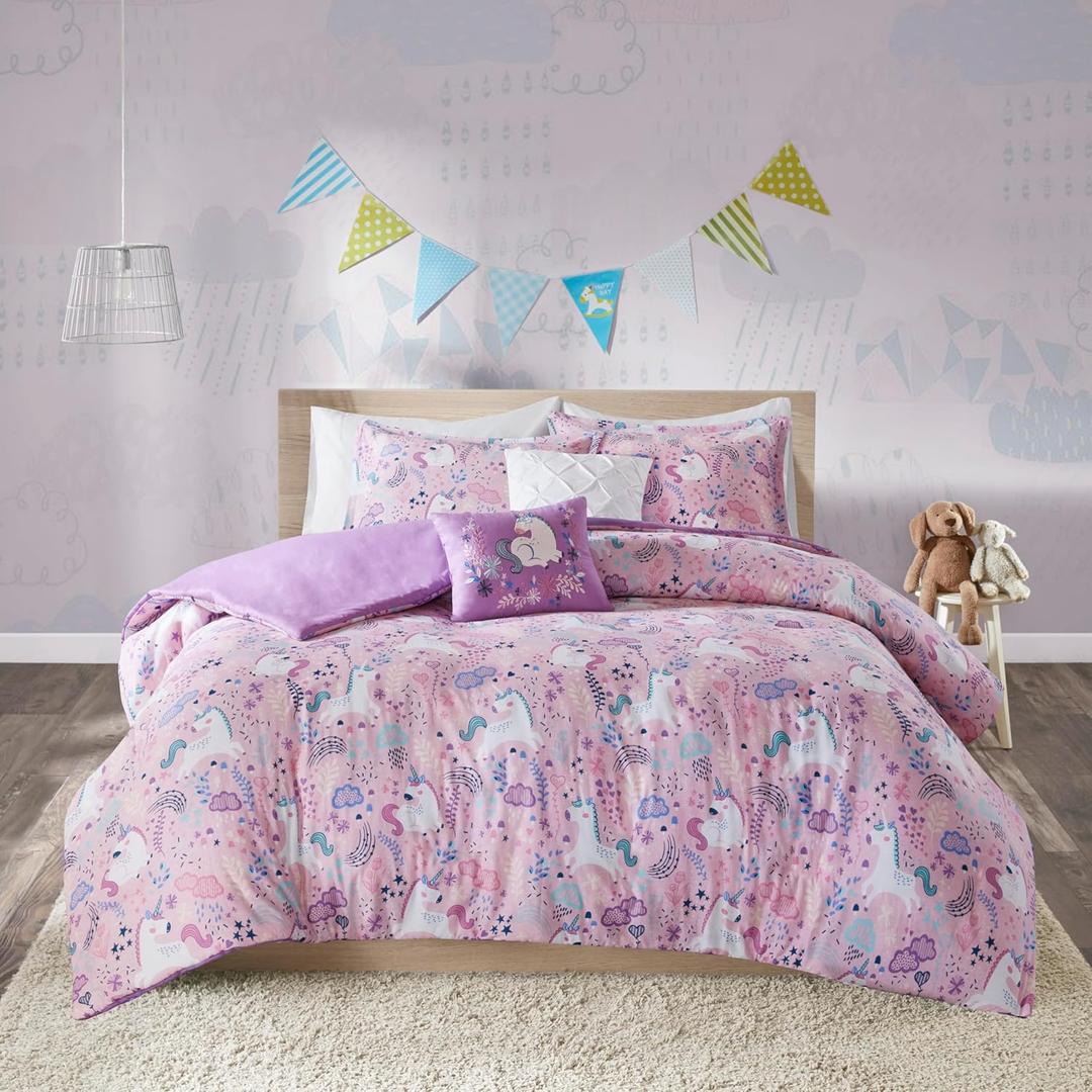 Intelligent Design Kids 100% Cotton Comforter Set - Fun Print and Vibrant Color Modern Design All Season Cozy Bedding, Matching Shams, Decorative Pillow, Twin/Twin XL, Unicorn Reversible Pink