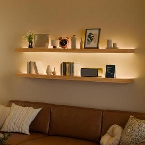 60 inch LED Gaming Floating Shelves for Wall,Solid Wood Long Wall Shelves Set of 2 with Light for Gaming Room,Natural Rustic Wall Mounted Shelves for Living Room Bedroom Kitchen Garage