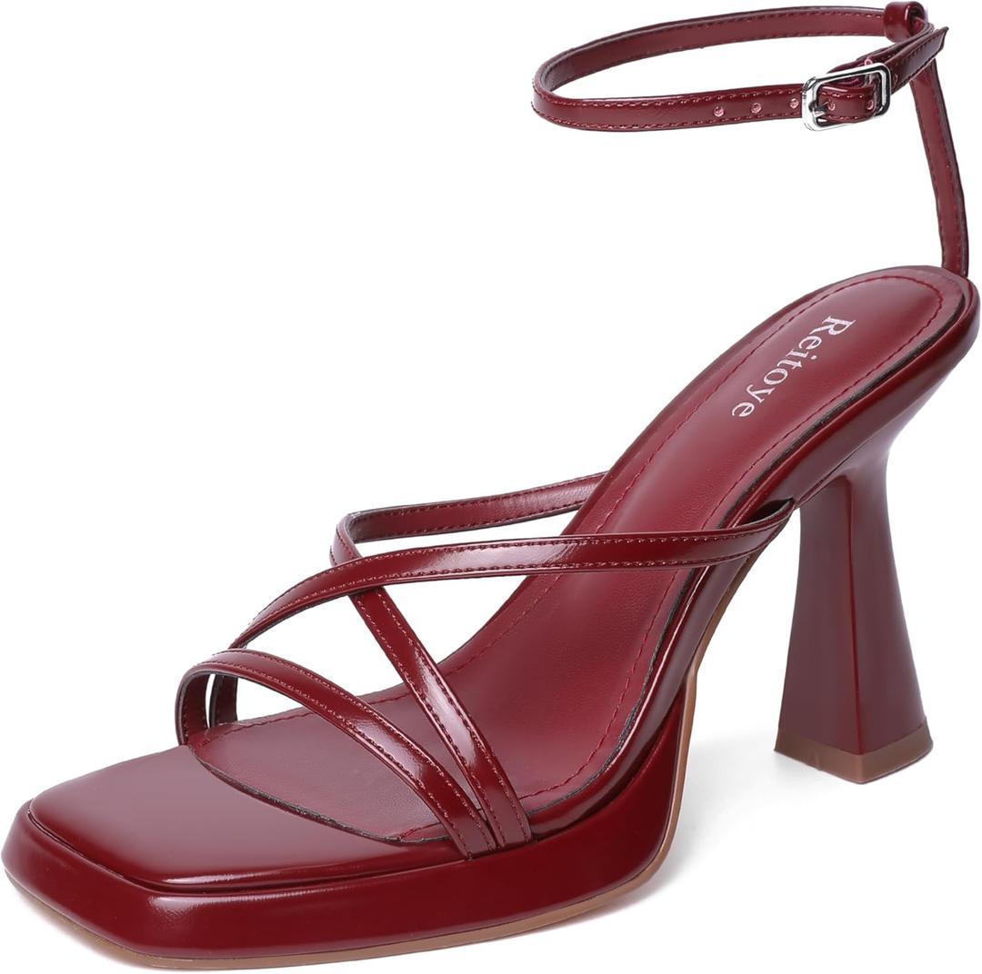 Reitoye Strappy Heels for Women Platform High Chunky Heels Square Open Toe Heeled Sandals Ankle Strap Block Heels (8, Burgundy)