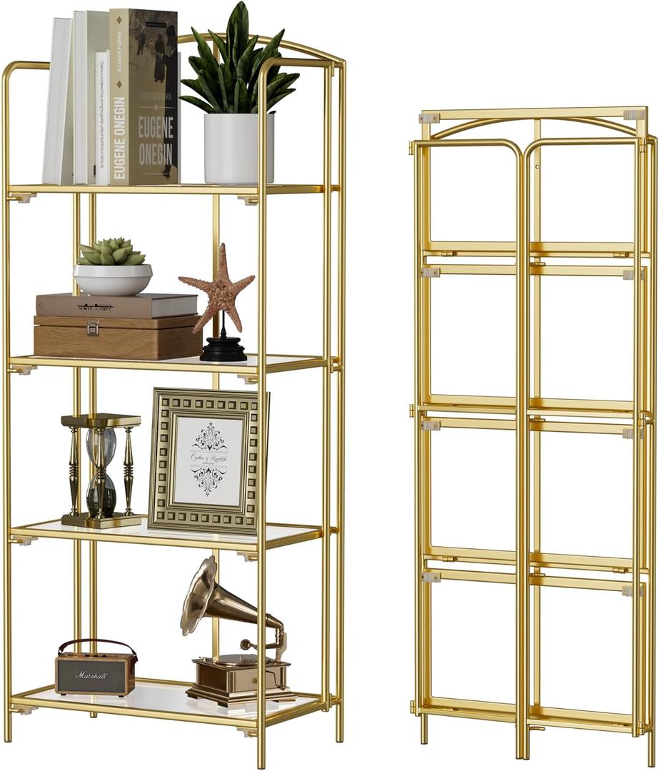 Crofy No Assembly Folding Bookshelf for Living Room, 4 Tier Gold Collapsible Book Shelf for Home Office, Portable Bookcase Storage Organizer