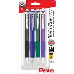 Pentel Twist Erase III Premium Mechanical Pencil 0.5mm 4 pack Assorted Barrels (1 each Black, Blue, Green, Violet)