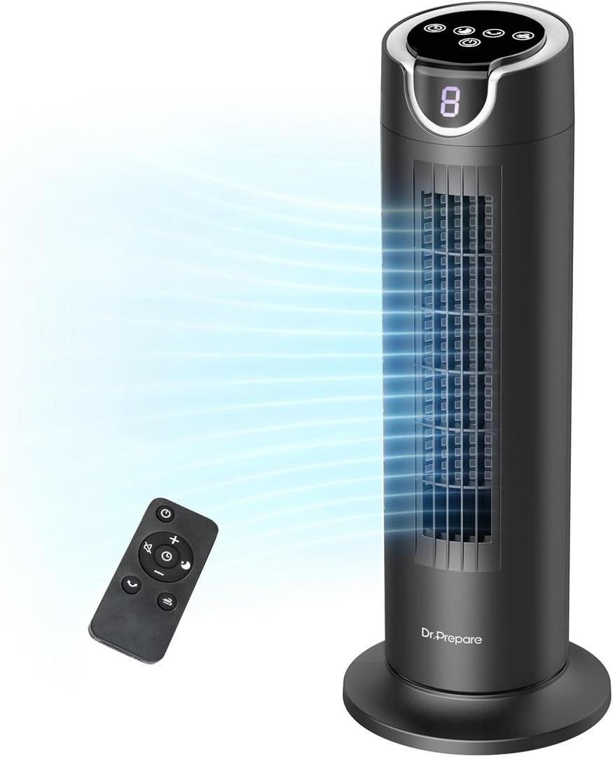 DR.PREPARE Tower Fan for Bedroom, 25 dB Quiet DC Bladeless Fan with Remote, 8 Speeds, 1-8H Timer, 80 Oscillating Fans for Indoors, 16 Inch Portable Desk Table Fans for Room, Home, Office