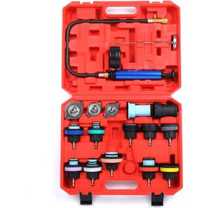 18pcs Universal Radiator Pressure Tester Kit, Coolant Vacuum Refill kitCoolant Pressure Tester Kit with Manual Pump and Color-Coded Test Caps (red)