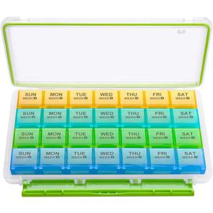 BUG HULL Monthly Pill Organizer, Moisture-Proof Large 28 Days Pill Box with Removable 4 Weeks Pill Case Rows, Medicine Pill Organizer, Travel Pills Organizer with One Month Pill Container for Vitamin
