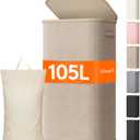 Lifewit 105L Large Laundry Basket with Lid, Laundry Hamper with Plastic Handles and Removable Bag, Foldable Tall Dirty Clothes Hampers for Laundry for Laundry Room, Bedroom, Bathroom, Dorm, Beige