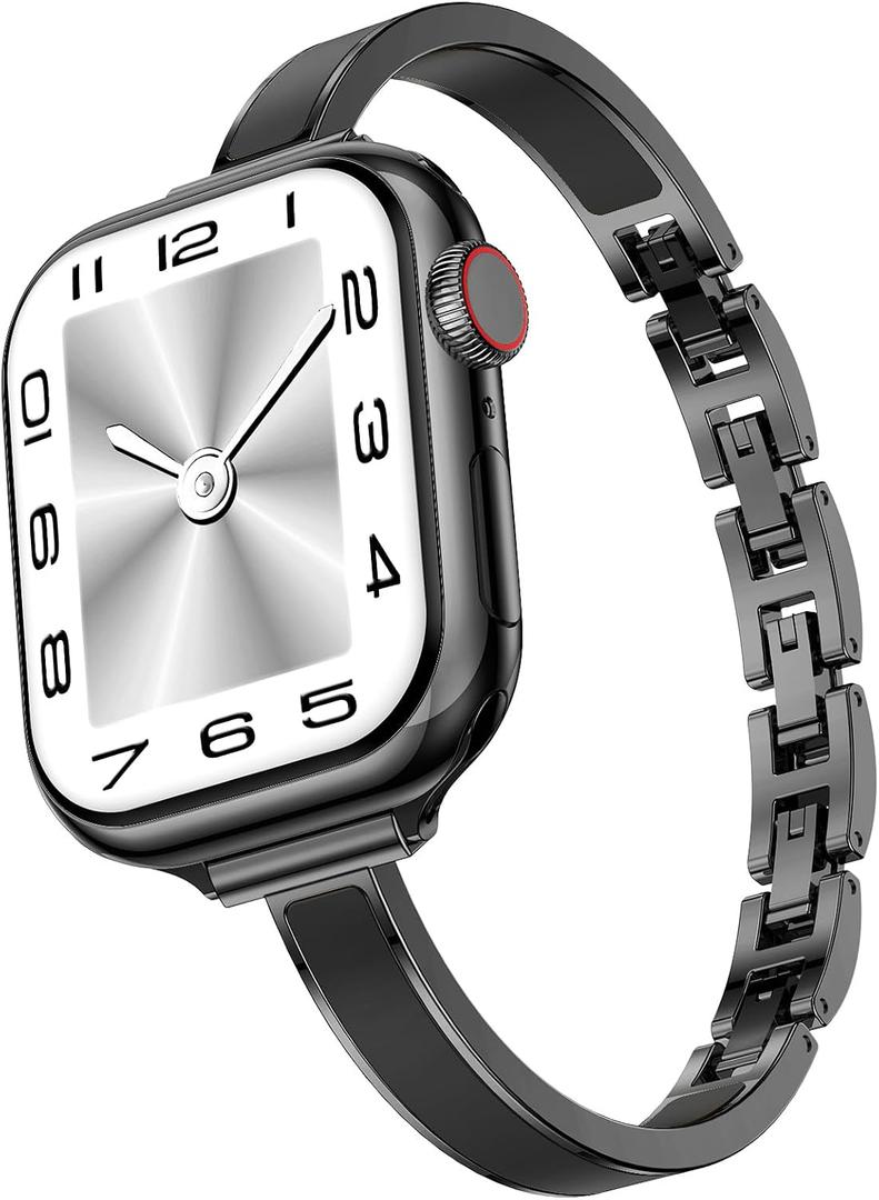 Mosonio Slim Bracelet Bands for Apple Watch Women, Elegant Designer Dressy Metal Band with Embedded Silicone Accents for iWatch, Easy-Adjust Link Strap Compatible with Apple Watch Series 11/10 (42mm), Series 9/8/7 (41mm), Series 6/5/4/SE (40mm), Series 3/2/1 (38mm) - Black + Black
