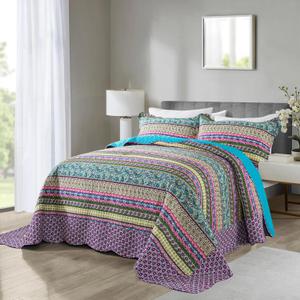 NEWLAKE Cotton Bedspread Quilt Sets - Reversible Patchwork Coverlet Set, Striped Jacquard Pattern, California King Size (Mixed Floral Colored)