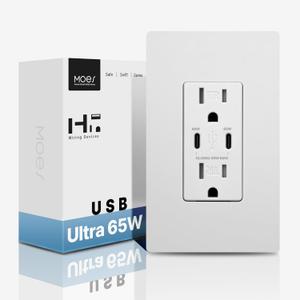 MOES 65W GaN Power Delivery USB C Wall Outlet 15 Amp, Ultra Speed Type C Receptacle, PD USB C Ports, Tamper Resistant, Screwless Wall Plate Included, ETL Listed, Matte White, 1 Pack