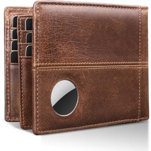 Swallowmall AirTag Wallet Mens RFID Blocking Genuine Bifold Leather Wallets for air tag Men's Wallet with 1 ID Window 15 Card Slots (Airtag Not included)