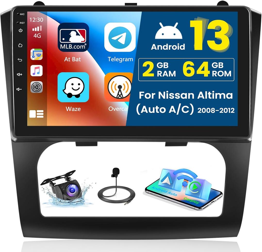 2+64G Android 13 CarPlay Car Stereo Radio for Nissan Altima 2008-2012 (Auto A/C), 9'' HD Touch Screen Compatible with Android Auto, AHD Backup Camera, Mirror Link, GPS Navigation, WiFi, FM RDS