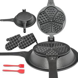 Cast Iron Waffle Maker with Low Base, Retro Waffle Iron with Five Waffles Shapes, Pre-Seasoned Two Piece Hinged Non-Drip Double Rim for Stove Top or Grill Makes (Waffle Irons-1)