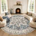Tortania 10' Round Area Rug Living Room Rugs - Washable Boho Rug Vintage Oriental Distressed Farmhouse Large Thin Indoor Carpet for Bedroom Under Dining Table Home Office - Cream/Blue