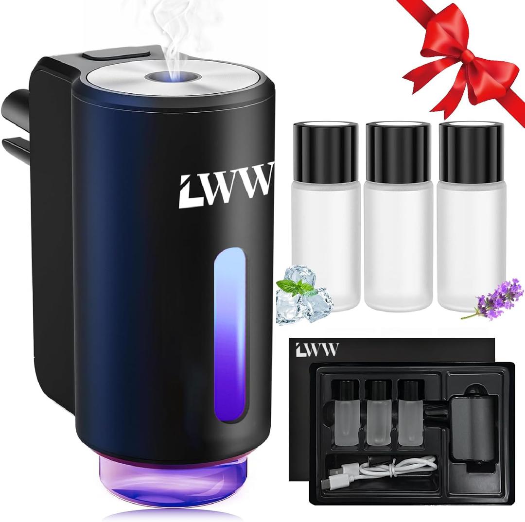 LWW Smart Car Air Freshener, 3 Intensity Levels, Rechargeable Aroma Diffuser, 3 x 10ml Perfume Bottles, Adjustable, Black Strong Scent (Tranquili+Fresh+Ocean Flavour)