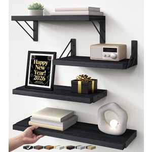 BAYKA Wall Mounted Floating Shelves, Wood Floating Wall Shelf for Books & Decor, Small Space-Saving Display & Organizer, BlackSet Of 4