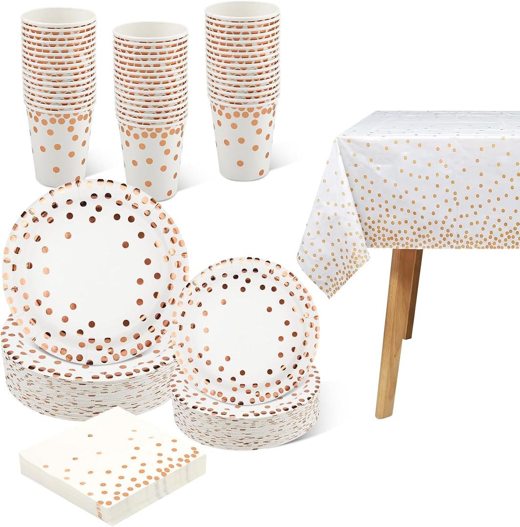 hapray 201PCS Disposable Paper Plates Rose Gold Party Supplies, Polka Dots Birthday and Baptism Decorations, include Cups, Napkins, Plastic Tablecloth, for Baby Shower, Mother's Day