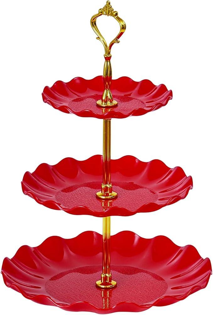 Soleebee 3-Tier Cupcake Stand, Wavy Plastic Tiered Serving Tray, Cup Cake Tower for Birthday Wedding Party Decoration, Cupcake Tier Stand Fruits Desserts Display (Red)
