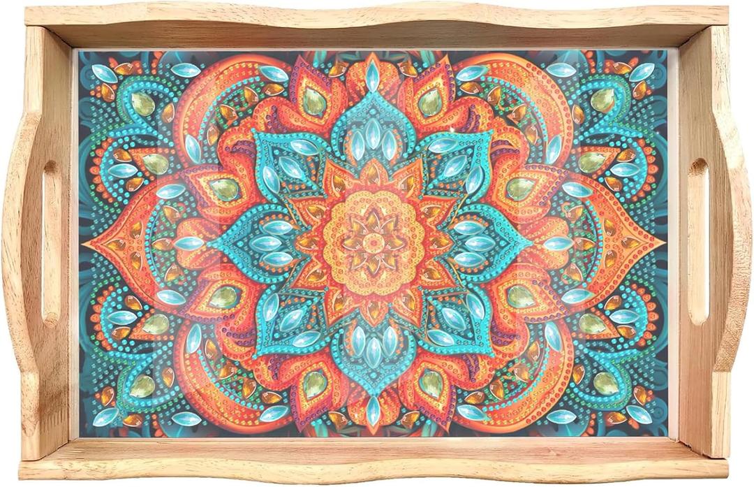 EWJRNSF Diamond Art Kits for Adults Wooden Serving Trays with Handles, 5D Diamond Painting Big Gem Arts and Craft Gifts Trays Decor Gift Home Decor 7.8x11.8 Inches Mandala E (7.8 x 11.8 x 2.2 inches, B Mandala EA)