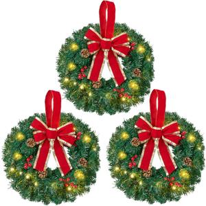 JOIEDOMI 3 Pack 19" Christmas Wreaths with Bow Pre-Lit Artificial with 20 Warm Lights Cordless for Home Front Door Wall Xmas Indoor Outdoor Christmas Decorations Window Door Wreath, Battery Operated