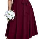 SCOMCHIC Womens Plus Size Wedding Guest Cocktail Midi Dress Summer Short Sleeve Wrap V Neck Belted A-Line Flowy Dress (Burgundy) XL