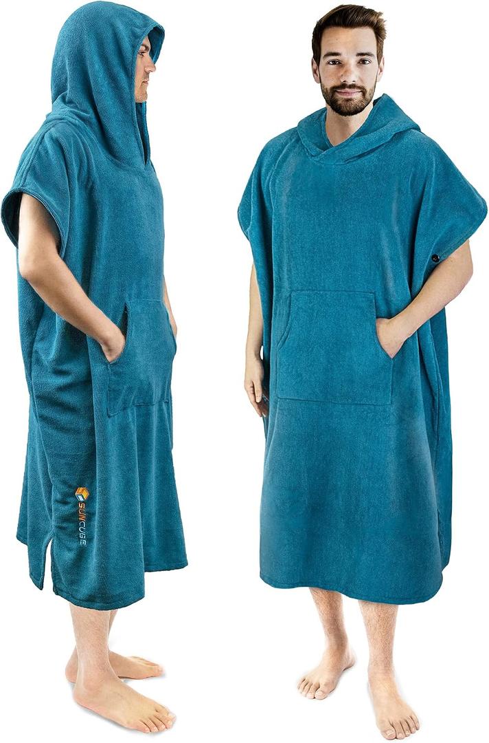 SUN CUBE Surf Poncho Changing Robe with Hood, Thick Quick Dry Microfiber Wetsuit Changing Towel for Surfing Beach Swim Outdoor Sports Men, Absorbent Wearable Towel Cover Up, Turquoise Sea Blue
