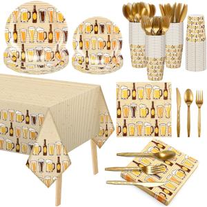 Zhehao 96 Pcs Cheers and Beers Party Decorations Beer Themed Plates Napkins Cups Tablecloth Tableware Set for Men Birthday Bar Retirement Bachelorette Party Supplies, Serve 24