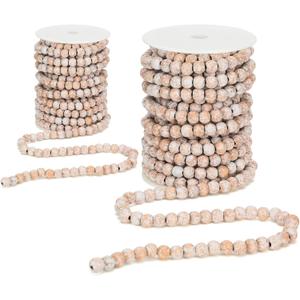 Giegxin 2 Pcs Wood Christmas Bead Garland 66 Feet in Total Rustic White Farmhouse Country Decor for Christmas Tree Tier Tray Wooden Wall Hanging Beaded Garland for Xmas Holiday Favors Supplies