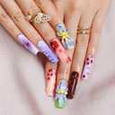 Flower Press on Nails Handmade Long Coffin Muti-Layer Gel Fake Nails Gradient Floral 3D Waterdrop Pattern Design Spring Summer Multicolor Thick False Nails French Tip Acrylic Nails for Women (Size M)