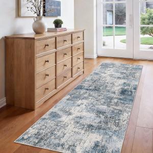 Washable Abstract Rug Hallway 2x8: Non Slip Runner for Kitchen Bedside - Easy Clean Soft Low Pile Stain Resistant Thin Carpet - Home Decor for Contemporary Style Lover Pet Owner 2x8 Blue Gray White