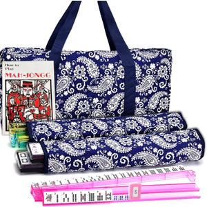 Mose Cafolo American Mahjong Set, Blue Paisley Carrying Bag,166 Premium White Tiles,4 All-in-One Color Rack/Pushers Complete Mahjong Tiles Set (Ma Jong, Mah-Jongg, Majiang), standard
