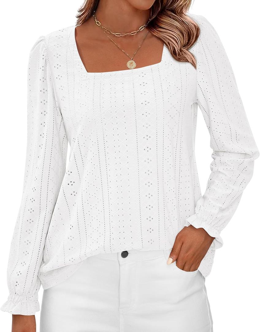 Okiwam Womens Long Sleeve Shirts Fall 2026 Square Neck Dressy Casual Blouses Eyelet Tunic Tops Fashion Outfits Clothes (S)
