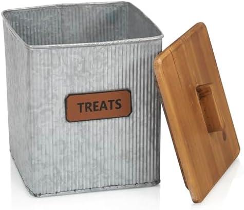 Red Co. Dog & Cat Treats Corrugated Metal Storage Canister with Wooden Lid, Distressed, 7.25" x 8”