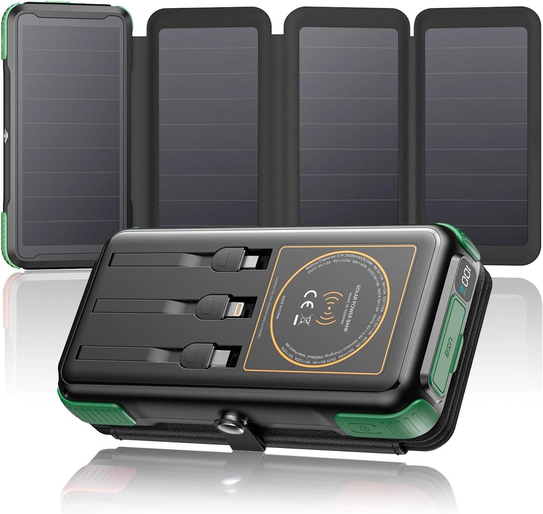 SOARAISE Solar Charger 25000mAh/92500mWh Wireless Portable Charger, 20W Fast Charging Power Bank with Built-in 3 Cables, PD QC 3.0 Phone Battery Pack with 4 Solar Panels & Flashlights for Camping