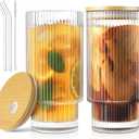16OZ Glass Cups with Lids and Straws, Vintage Glassware for Whiskey Cocktail Beer, Iced Coffee Cups with Lid, Glass Tumbler with Straw and Lid (2 PACK)