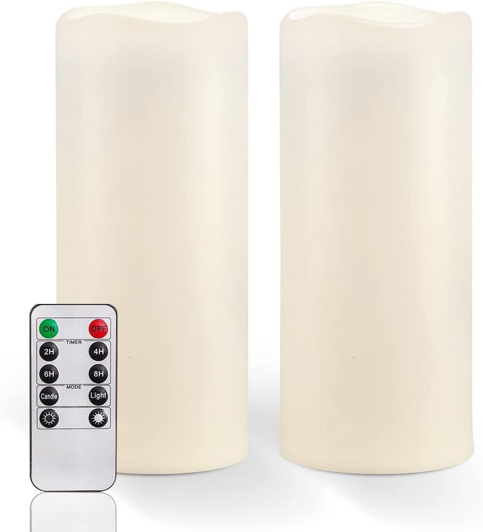 Homemory 10" x 4" Large Waterproof Outdoor Flameless Candles with Remote Control and Timer, Battery Operated Flickering LED Pillar Candles for Outdoor Larterns, Porch, Long Lasting, Set of 2 (Ivory White)