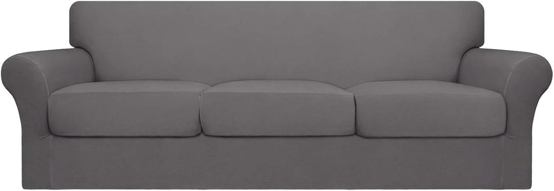 Easy-Going 4 Pieces Oversized Stretch Soft Couch Cover for Dogs - Washable Sofa Slipcover for 3 Separate Cushion Couch - Elastic Furniture Protector for Pets, Kids Light Gray (X-Large)