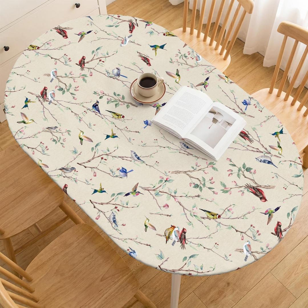 Horaldaily Spring Fitted Tablecloth 68 x 48 Inch Oval, Spring Colorful Birds Branch Beige Washable Table Cover Elastic Edged for Dinning, Picnic, Camping, Banquet