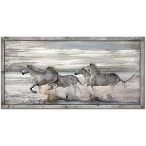 UTOP-art Horse Pictures Wall Art Framed: Running Animal Horses Print on Textured Natural Wood with Handcrafts Rustic Sturdy Framed Artwork for Living Room Decor (48'' x 24'' x 1 Panel)