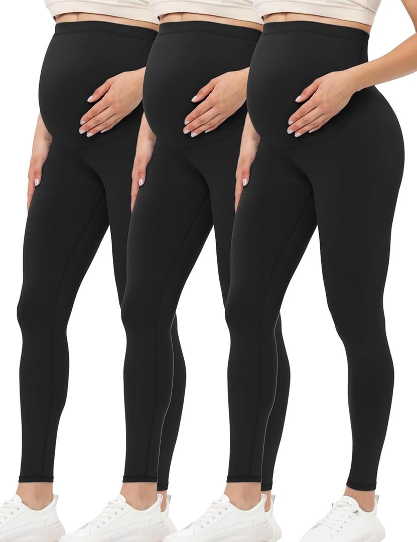 Buttergene Women's Maternity Leggings over the Belly Maternity Yoga Pants Workout Pregnancy Leggings (Pack of 3,L, Black)