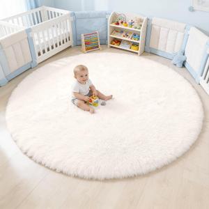 OLANLY Ivory Round Rugs for Bedroom - Machine Washable, 5 ft Circle Area Rugs for Living Room, Soft and Fluffy Shaggy Carpet for Teen Girls and Boys, Nursery Rooms, Dorms, Home Decor Aesthetic