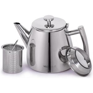 VeoHome Stainless Steel Tea Pot with Infuser - Keeps Heat Thanks to its Double Wall, Silver (1 Liter (34 oz))