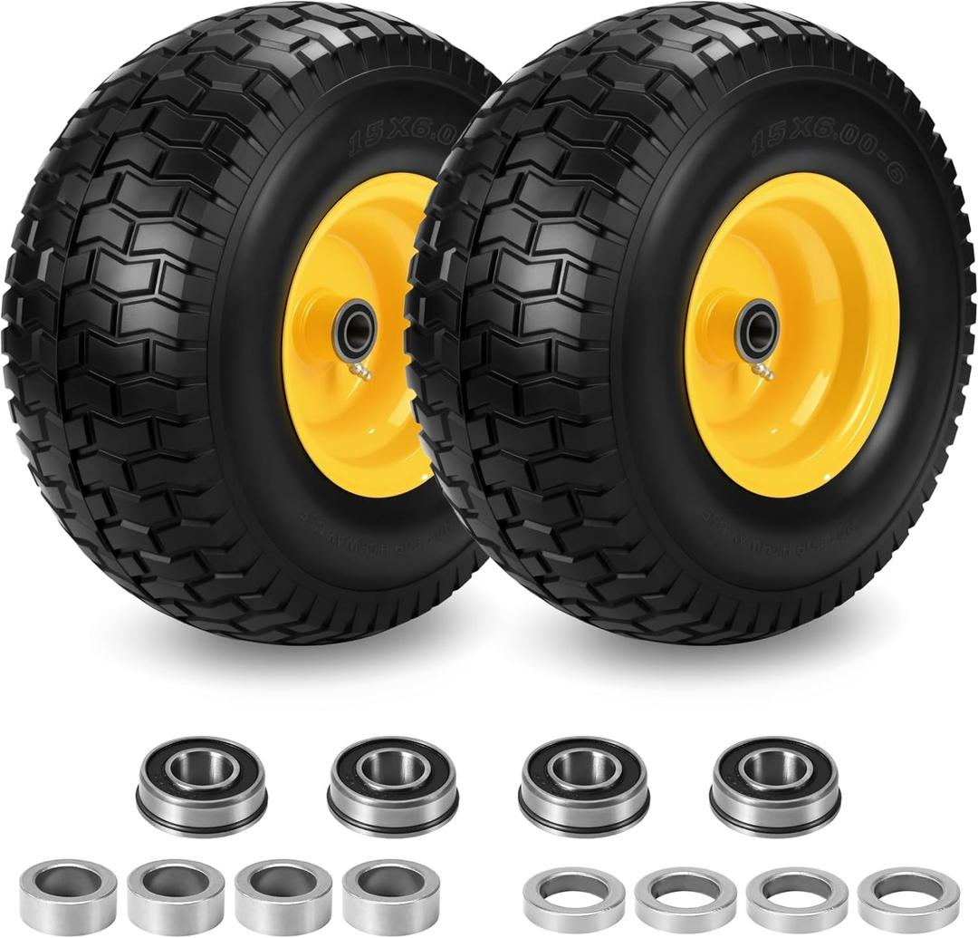2 Pcs 15x6.00-6 Flat Free Lawn Mower Tire and Wheel, 15x6-6 nhs Lawn Mower Front Tires, Compatible with John Deere Riding Mowers Lawn Tractors, with 3/4" & Extra 5/8" Bearings, 3"-4.4" Centered Hub