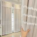 1 Pair Double Layer Striped Curtains for Girls Room Living Room Embroidered Curtains with Valance for Bedroom (Beige, 54x84 Inch)