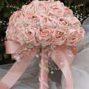 Bridal Wedding Bouquet Round Bling Brooch Bouquet Throw Toss Artificial Rose Flower Bunch for Bride Bridesmaid Wedding Quinceanera(Peach Pink, 6.3")