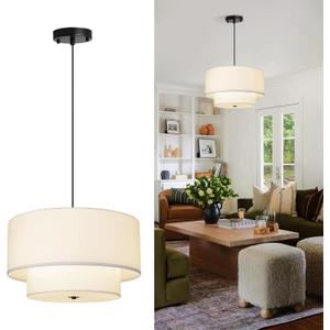18" Drum Fabric Pendant Light, Large Modern Hanging Ceiling Chandelier Fixture with Dual Layer Fabric Shade, Ideal for Dining Room, Living Room, Bedroom, and Kitchen (White)