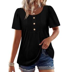 OFEEFAN Short Sleeve Shirts for Women Peplum Tops Dressy Casual Blouses Oversized Tshirts Plus Size Business Work Clothes Travel Essentials Black L
