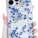 2 x NITITOP Compatible with iPhone 16 Pro Case with Card Holder Clear Cute Floral Flowers Branch for Women Girls Soft TPU Wallet Shockproof Protective Cover - Blue